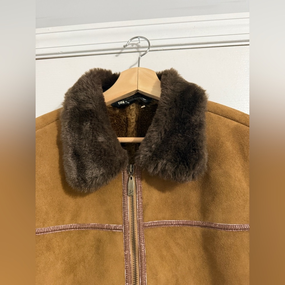 LADY HATHAWAY | Elegant Tan Teddy Jacket Faux Fur Trim Medium - Picture 5 of 11